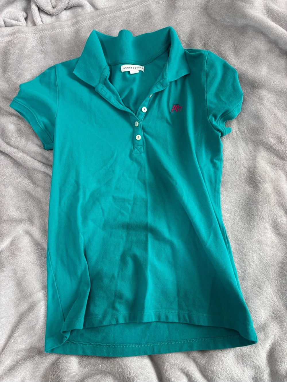 Aeropostale Girls' Teal Green Polo with Pink Logo